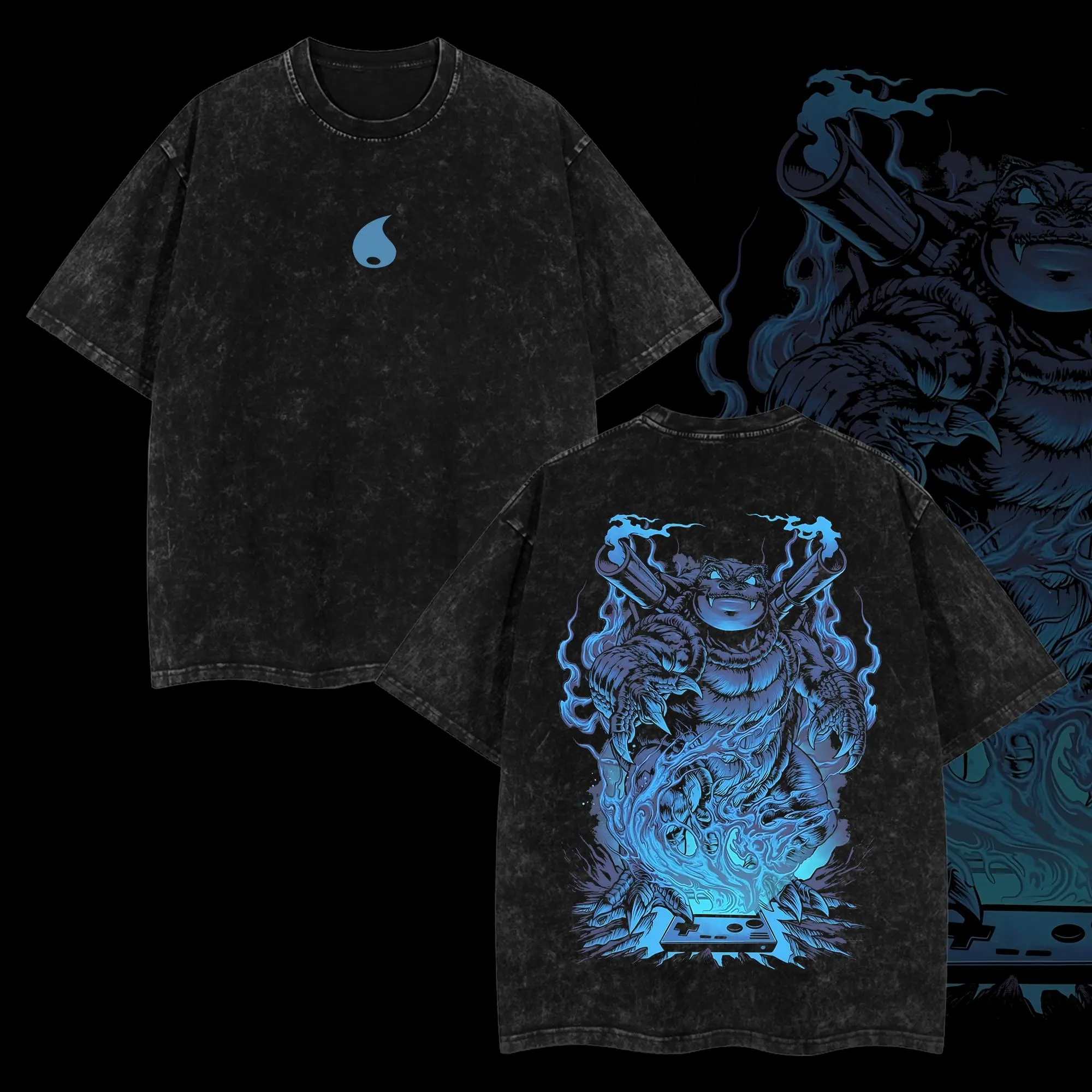 "Big Man Blastoise" Pokemon Retro Vintage Unisex Oversize Anime Manga Acid Washed Heavyweight Cotton T-shirt, Anime Merch, Gift For Anime Fan.