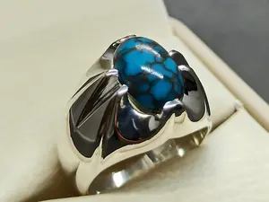 Natural Rare 8 Carat Egyptian Turquoise Sterling Silver 925 Handmade Men's Star Shape Ring Misri Feroza