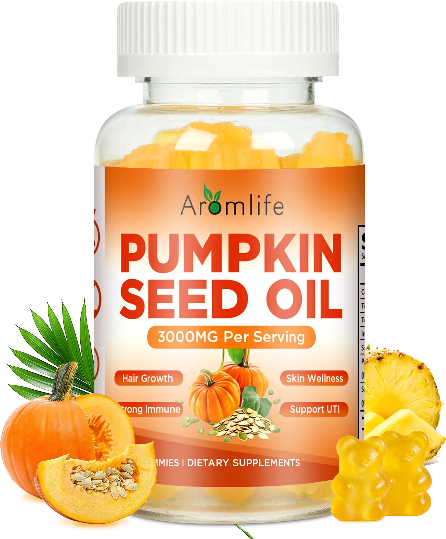 Pumpkin Seed Oil Gummies for Hair Skin Wellness, 3000mg Per Serving Pumpkin Seed Gummies with Saw Palmetto for Urinary Tract Wellness, 60 Count Sugar Free Saw Palmetto Gummy Pineapple Flavor