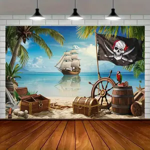 1-Pack 2D flat pirate tropical themed banners for background decoration and photography props. Polyester material, can be used for home and room decoration, wall decoration