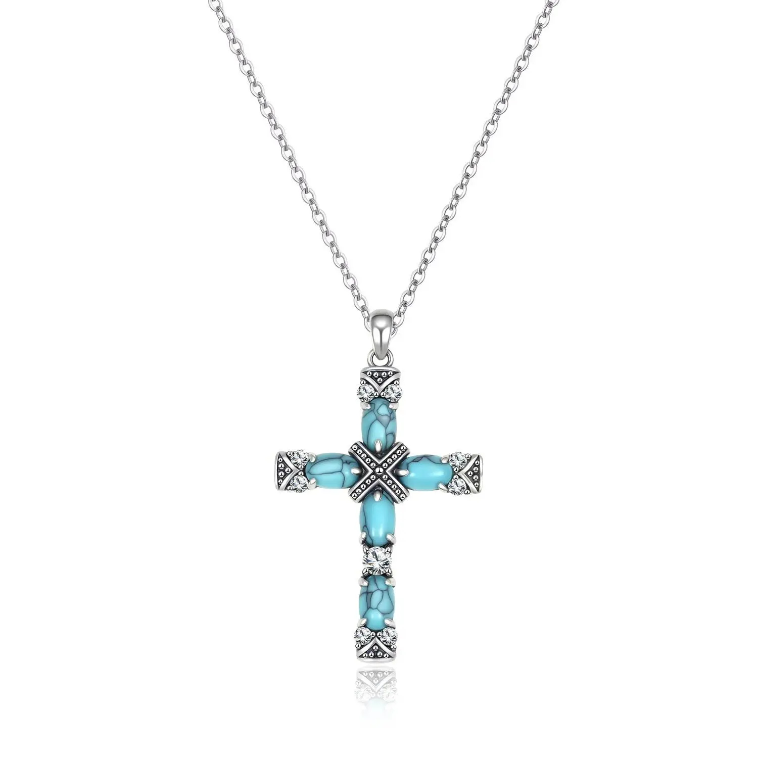 Women's 925 Sterling Silver Exquisite Trendy Turquoise Cross Pendant Necklace, Vintage Christian Southwestern Jewelry, Baptism Gift, Exquisite Trendy Pendant