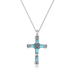 925 Sterling Silver Turquoise Cross Necklace for Women, Vintage Christian Cross Pendant Necklace, Southwestern Jewelry, Baptism Gift for Her