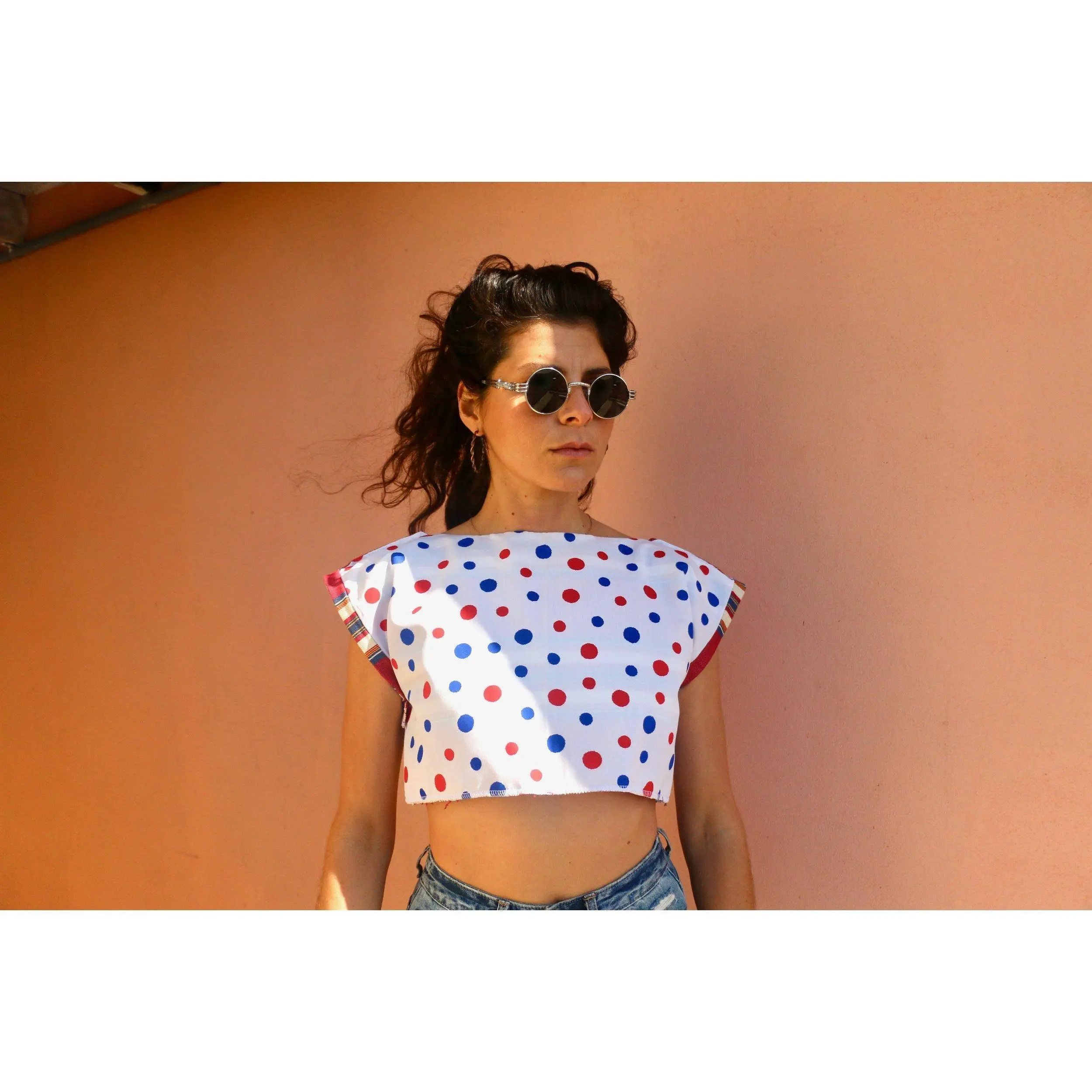 REVERSIBLE HORIZONTAL STRIPED DENIM AND WHITE POLKA DOT BODICE VEST CROP TOP