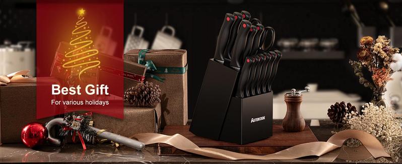 Astercook Knife Set, 14 Counts Kitchen knives Set with Built-in Sharpener,Sharp & Rust Resistant Dishwasher Safe, Block