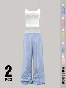 Soft Fitted Two-Piece Womenswear Casual Set: Cute Bow Print Wide-Leg Pants with Comfortable Tank Top! Cozy and stylish, perfect for a homey look — available in multiple colors! #CasualWear #Pajamas #AestheticOutfit #ComfortableFashion #TikTokFashion