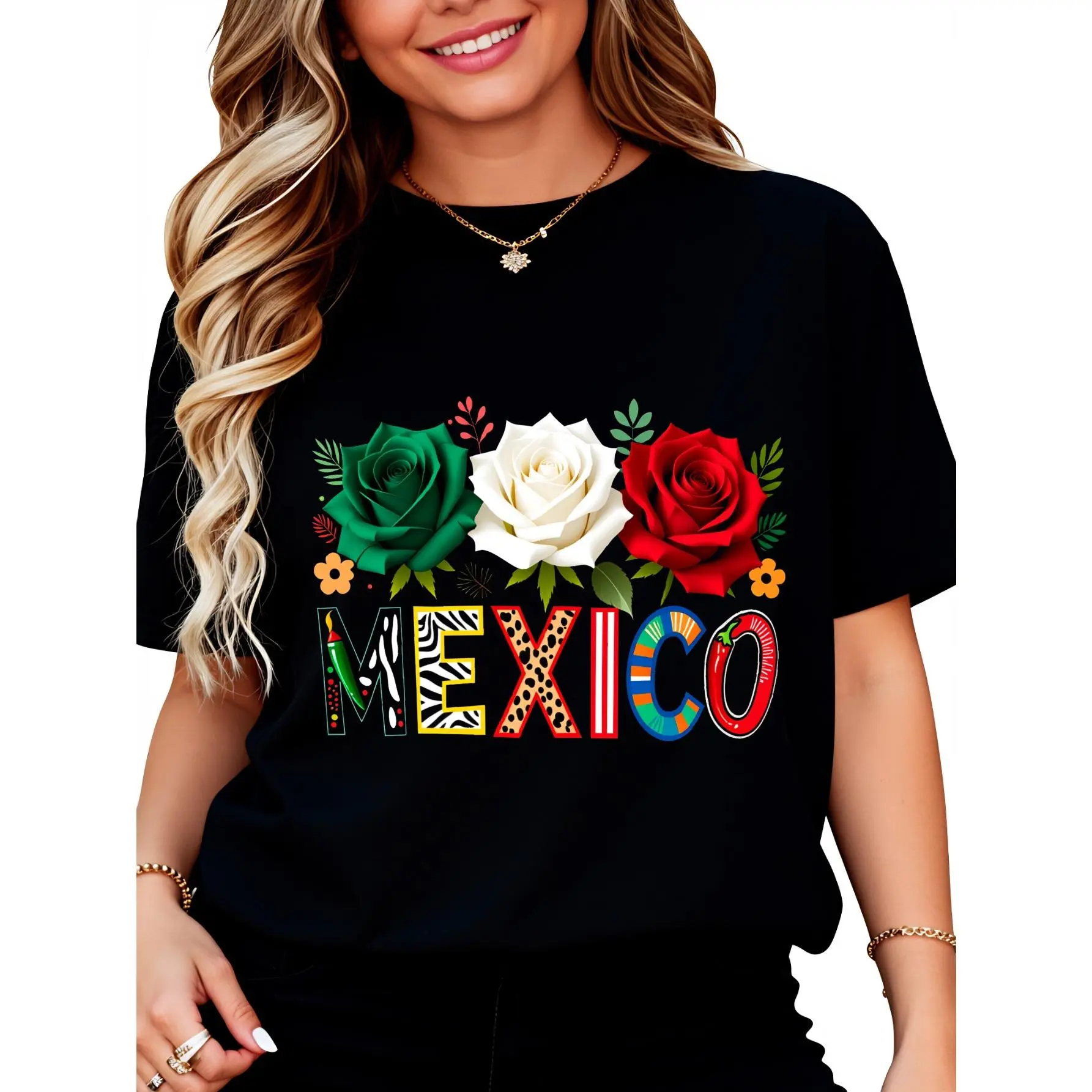 Mexican Flag Rose Graphic Tee for Women Men, Vibrant Fiesta Print Casual T-Shirt, Soft Cotton Blend Summer Top, Unique Heritage Style Pullover for Vacation Party,Striped,Cap,Sleeve,Crew,Neck,snoopy,fall,