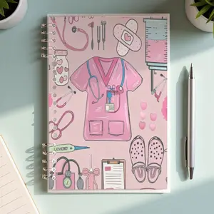 Medical - themed A5 Lined Notebook, Playful Pink Design With Stethoscope/Scrub Top/Medical Items, Ideal For Healthcare Professionals, Durable Paper For Office & Work Use, Cute Hand - Drawn Details, Practical Stationery For Daily Planning
