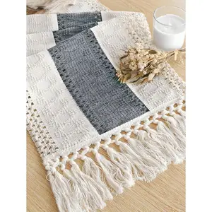 1pc Boho Table Runner Macrame Table Runners For Home Decor ,Cream & Gray Macrame Table Runner With Tassels For Boho Dining Bedroom Decor Rustic Bridal Shower,Farmhouse Rustic Table Runner,Place Mat, Valentine's Day Decoration, Gift Decor, Wedding Decor, (