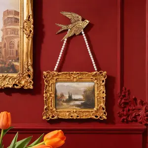 European Vintage Frame Set, Rectangular Decorative Photo Display, Pearl Chain & Swallow Design, Wall Hanging, Home Decoration, Picture Frame