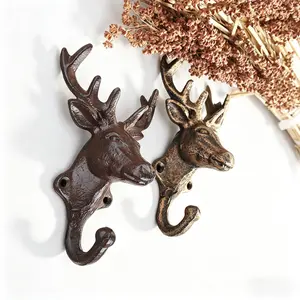 Vintage Cast Iron Deer Head Wall Hooks - 2 Pieces per Box, Rustic Antler Design, Durable Heavy-Duty Metal Hangers, Antique Bronze & Brown Finish, 0 - 5 Kg Capacity, for Coats, Keys, Farmhouse Cabin Entryway Decor