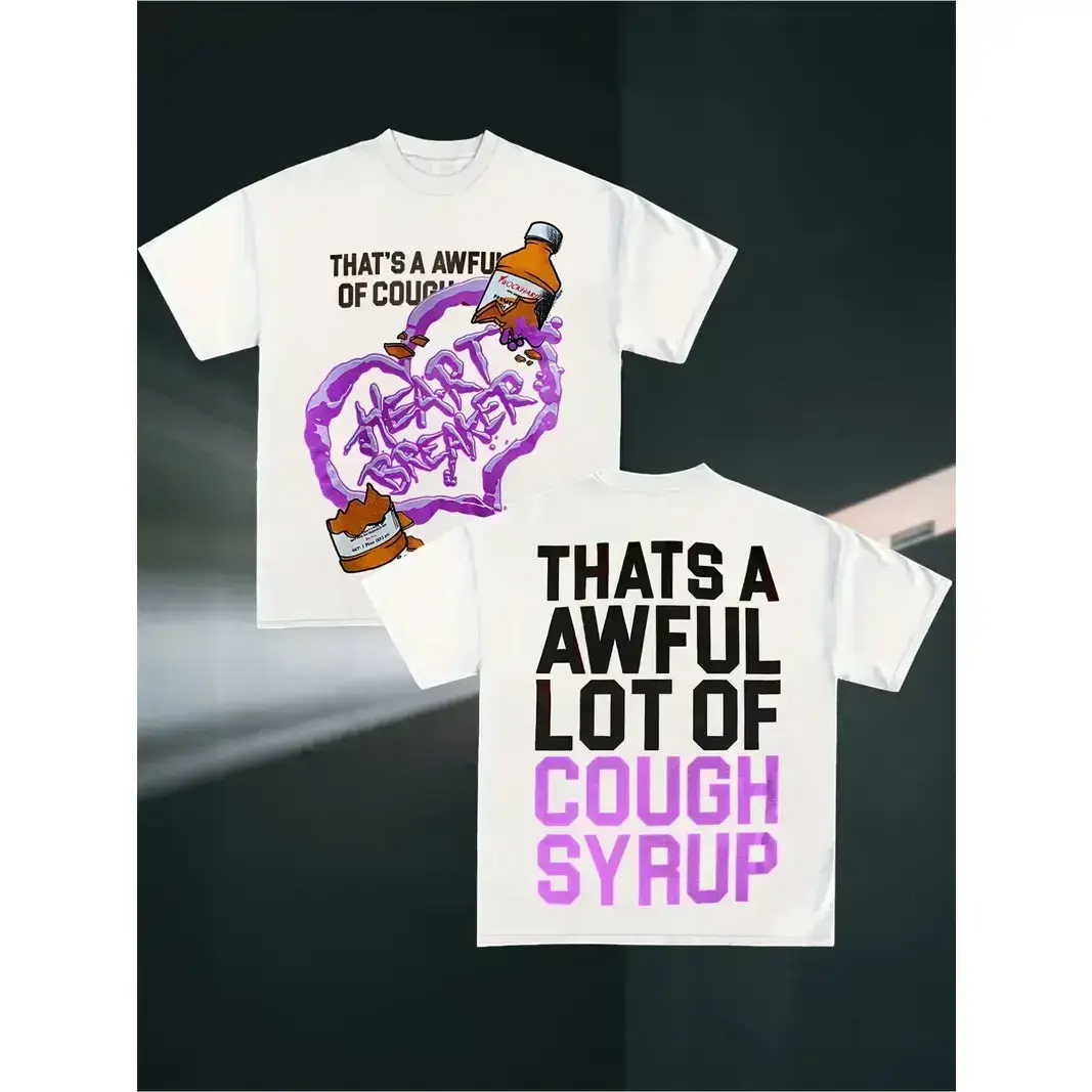 Men's Round Neck Cotton Graphic T-Shirt - American Street Style, Fun Cough Syrup Letter Prints, Short-Sleeve, Comfortable Versatile Menswear Essential, Gift Option