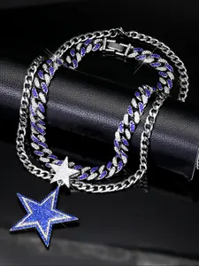 Fashion Exquisite Iced Out Blingbling Blue Large Double Star Pendant Necklace Set, Layered, Stainless Steel, Hip Hop Style, Iced Out Chains