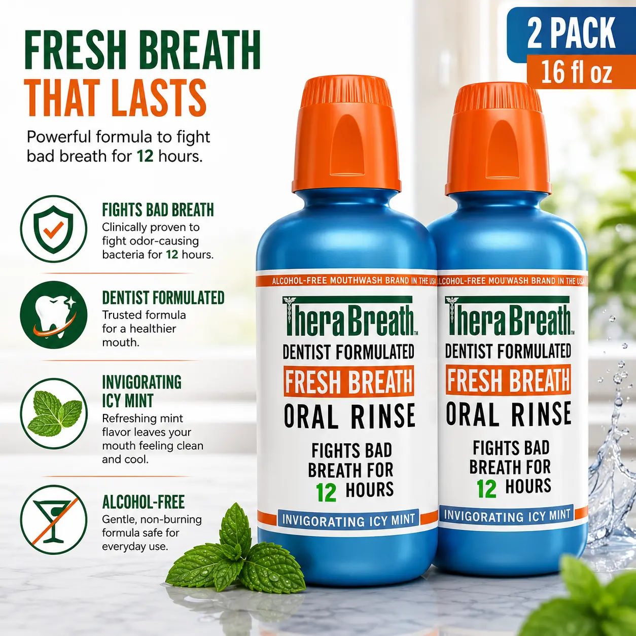 TheraBreath Alcohol-Free Icy Mint Fresh Breath Mouthwash, 16 Fl Oz (Pack of 2)