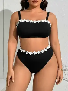 Women's Plus Size Bikini Set, Water Soluble Floral Top with Shorts, Fashionable Summer Beachwear, Comfortable and Stylish, Swimsuit Style Bikini