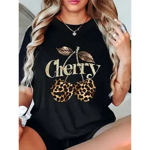 Women's Black Leopard Print Cherry Graphic T-Shirt Casual Summer Daily Fashion Tee 100% Cotton T-shirt