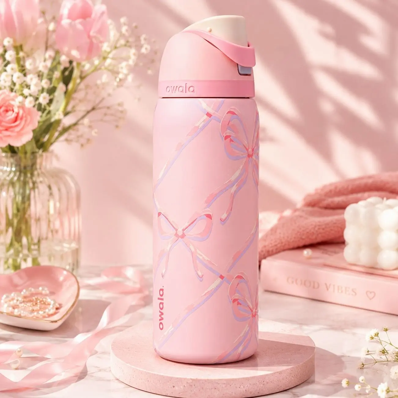 Owala Bow Water Bottle 24 Oz FreeSip Insulated Tumbler – Pink Ribbon Aesthetic Stainless Steel Leakproof Bottle – Cute Coquette Drinkware for School, Travel & Gym