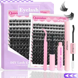 Queenice Lash Extension Kit DIY 156 Pcs Lash Clusters 9-16mm Individual Lashes Wet Finish Manga Dramatic Look for Home Salon Party Travel Work Beginners