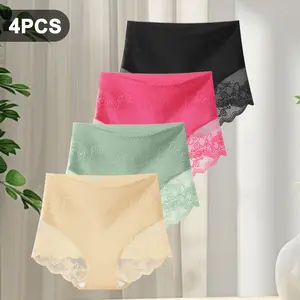 4 Pcs Lace Jacquard Seamless Briefs - Luxurious & Stretchy Panties Ultra-Comfortable Soft Seamless Briefs with Lace Trim Sexy Comfortable Shaping Panties for Everyday Wear Comfort Breathable High-Waisted Design Tummy-Tucking Effect Chic Elegance