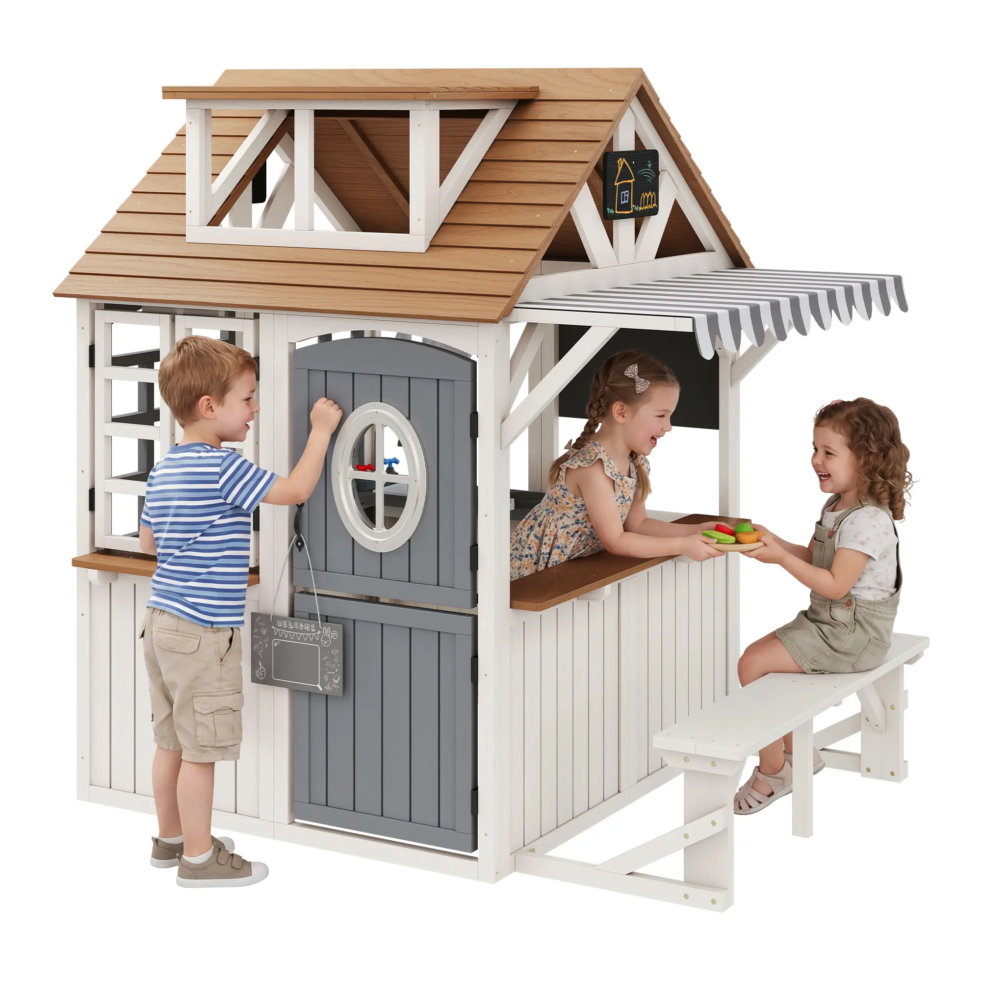 [SummerWins] [SummerFinds] ALBOTT 4-Size Kids Wooden Playhouse with Kitchen Set - Durable Fir Wood, Roof, Rust-Resistant Hinges - Kids Outdoor Play, Outdoor Play Sets for 3-8 Years Old Boys & Girls