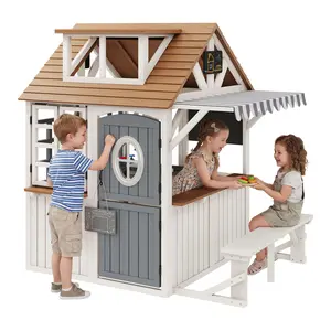ALBOTT 4 Different Sizes Kids Outdoor Wooden Playhouse with Kitchen Set, Durable Fir Wood Construction with Waterproof Roof & Rust-Resistant Hinges, Pretend Playhouse for 3–8 Years Old Boys & Girls