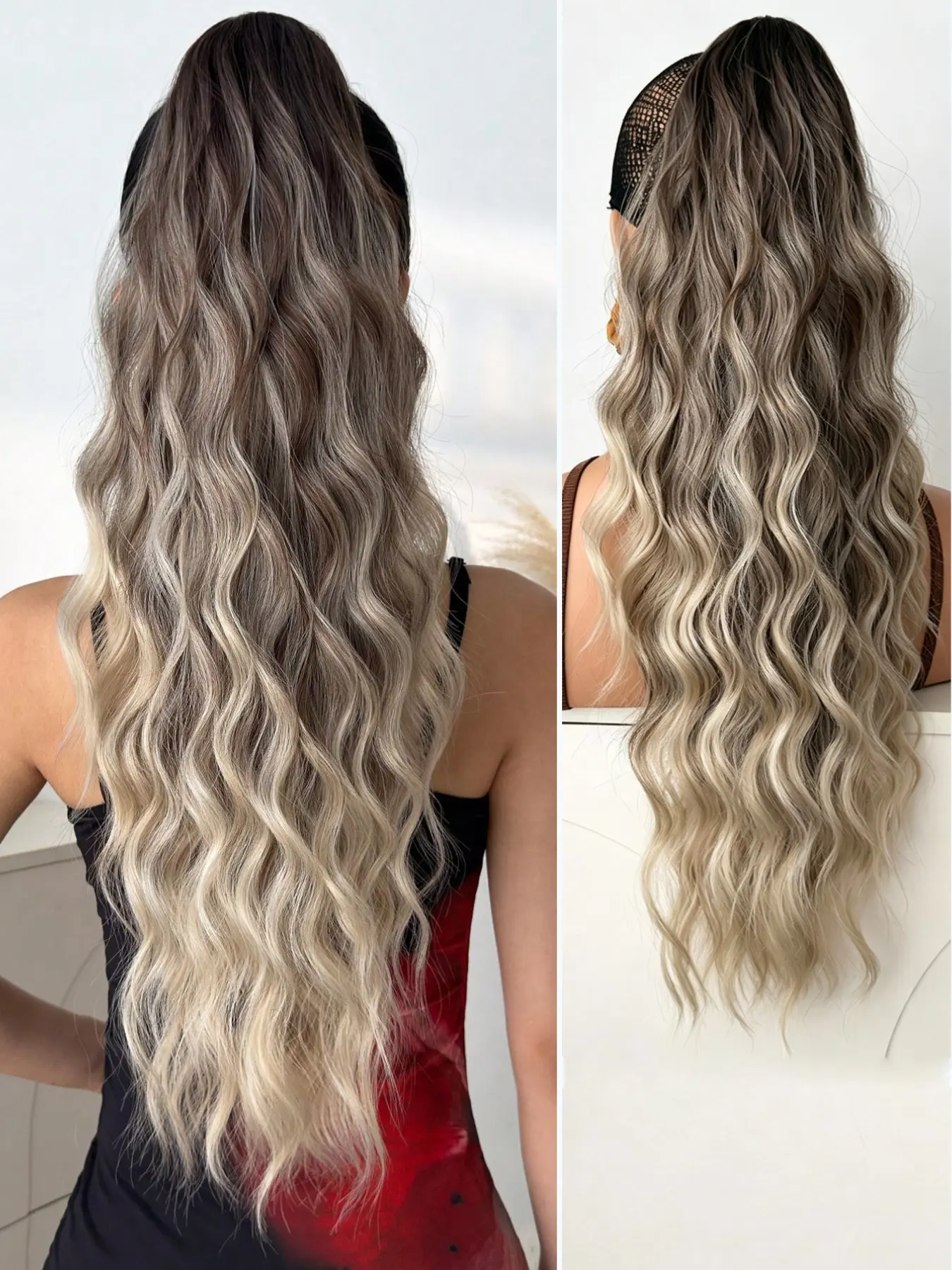 26-Inch Heat-Resistant Synthetic Fiber Clip-In Ponytail Extension, Wavy Texture, Gradient Gold/peach Highlights, for Women and Girls