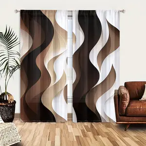 2-piece set, modern abstract brown black wave printed curtains, minimalist design, semi blackout bar pocket design, suitable for living rooms and bedrooms, fashionable home decoration, room decoration.