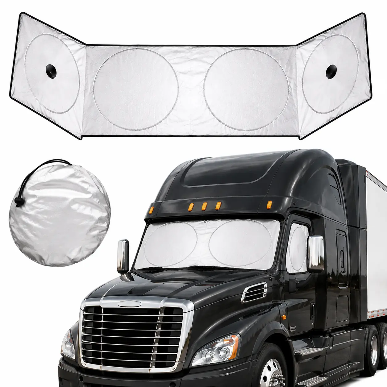 Semi-Truck Shade for Windshield and Side Windows  240T Sunshade Maximum Coverage Block  Heat Rays Fits for Semi, Commercial & Big Rig Truck, RV (Side window suction cups ) front window Universal Suction Cup Window Shades sun
