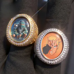 [ICE HUE]18K Gold Vacuum Plated Copper with 5A+ Sri Lanka Zircon Hip Hop Custom-Made Photo Egg Ring Bronze Accent Unisex DIY Picture Jewelry