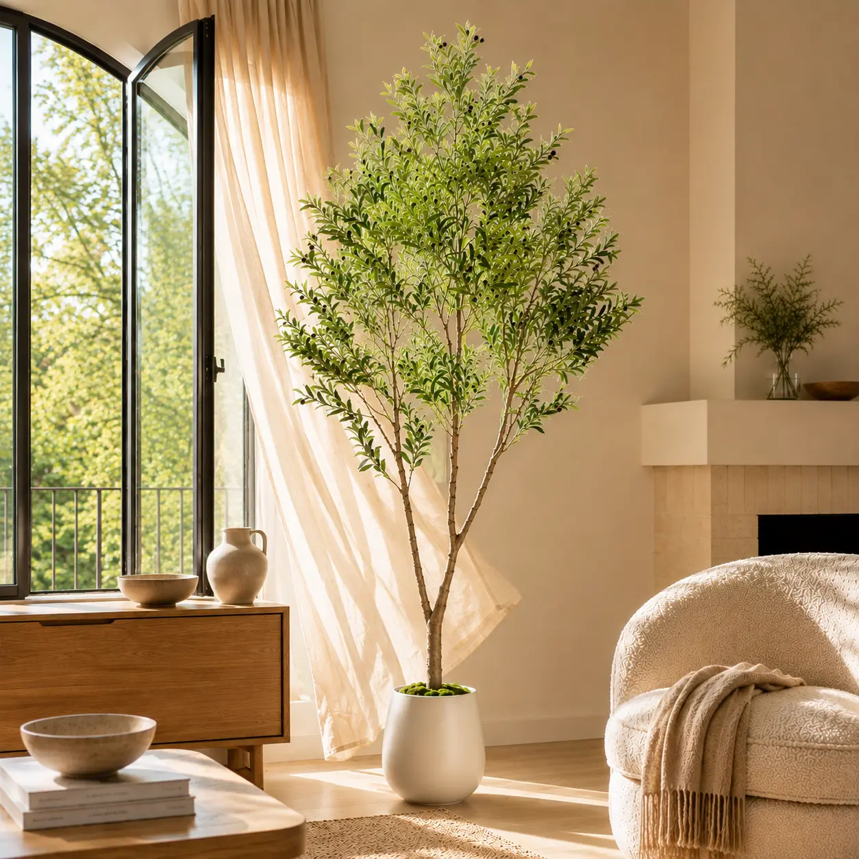 Romswi Artificial Olive Tree 5FT 6FT 7FT, Realistic Faux Silk Plant with White Pot, Lifelike Green Leaves & Olive Fruits for Home Office Decor