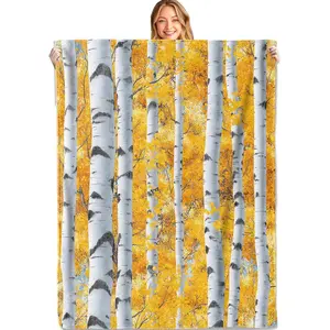 Autumn Birch Forest Flannel Soft Throw Blanket, 50x60in, Lightweight, Realistic Print Yellow Fall Foliage Trees Blanket - Gifts for Women, for Couch Home Living Room Decor