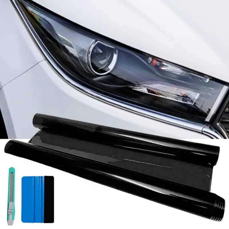FONESO 60x12" Car Headlight Taillight Tint Film with Squeegee and Cutter Kit, 5FTx1FT Car Smoke Fog Brake Light Film Tint Self-Adhesive Vinyl Wrap Decals Protector Sticker Tape + Tool, Universal for Car DIY Decoration Accessories, Tear Off without Residue