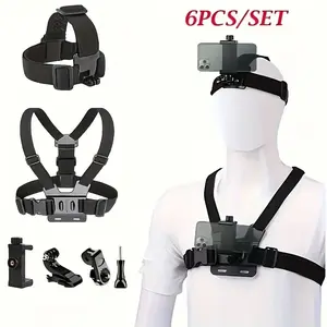 6-in-1 Chest Phone Mount Kit for Sports & Action Cameras, Adjustable Harness Strap for Phone/Osmo Action, Includes Camera Accessories & Device Mount, Hands-Free POV Shooting for Vlogging, Cycling, Hiking