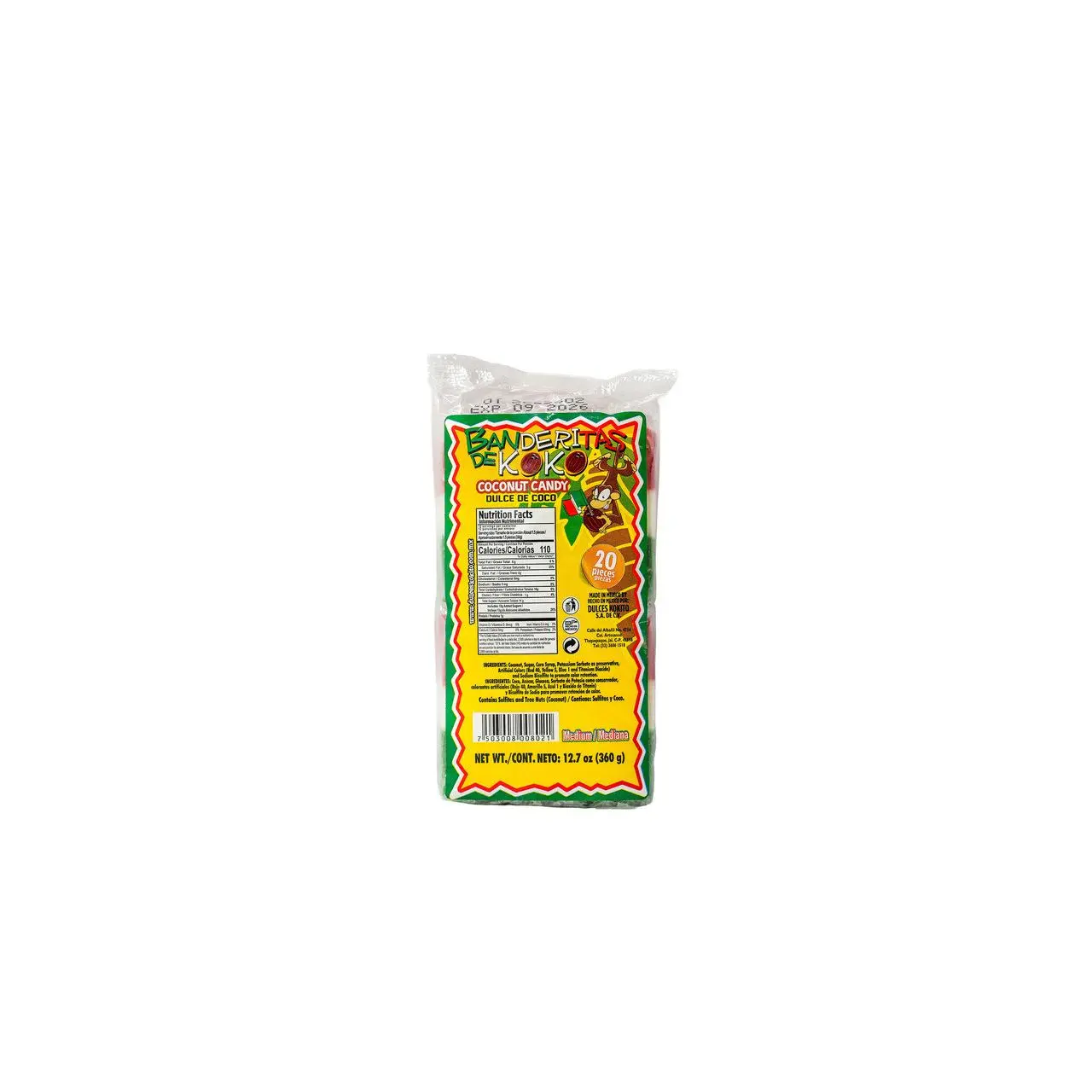 Kokito Banderito de Coco Med Soft Coconut Candies Shaped Like Flags Featuring Mexican Colors Green White and Red 1 Pack