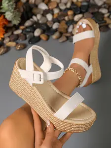 Women's Fashionable Plain Color Platform Sandals, Casual Versatile Buckle Design Wedge Sandals for Beach Vacation, All-match Commuter Shoes for Work & Daily Wear, Girl, Espadrilles Platform Sandals