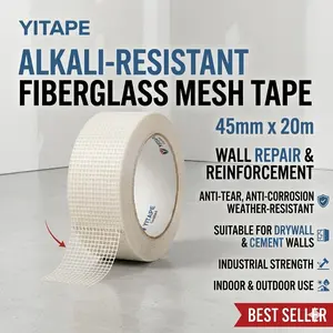 Yitape Alkali-Resistant Glass Fiber Mesh Tape, Strong Self-Adhesive Wall Repair Tape, Tear-Resistant, Corrosion-Proof, Weather-Resistant, 20m Roll