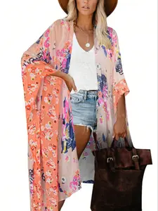 Women's Floral Print Kimono, Casual Open Front Cover Ups Outerwear for Beach Vacation, Ladies Clothes for All Seasons, Clothing, Womenswear