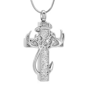 sterling silver cross antler necklace, special version can hold ashes,Autumn New Arrival, graduation gift, boys American cross antler necklace stainless steel chain, inspirational Bible verse cross pendant, personalized Christian gift for men