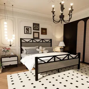 Full Size Bed Frame with  Mattress 8", Industrial Wood & Metal Platform Bed, Modern Bedroom Setup – Cama full con colchón 8", estilo industrial