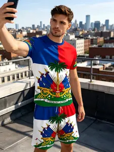 Summer Men's Two-Piece Set, Haiti Flag Color Short Sleeve Tee + Ethnic Print Shorts, Casual Fitted Style, All over Print