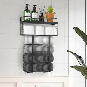 Wall Mounted Towel Rack for Bathroom - Bath Storage Holder Set Above Toilet, Rolled Towel Shelf Organizer, Wood Vertical Rack for Small Bathroom Decor, Black