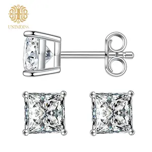 Unimoiss S925 Princess Cut VVS  Synthetic Moissanite Stud Earrings Synthetic Moissanite Jewelry Perfect Birthday Mother’s Day Gift for Men Women Silver Earrings Synthetic Moissanite Wedding Set Studearrings
