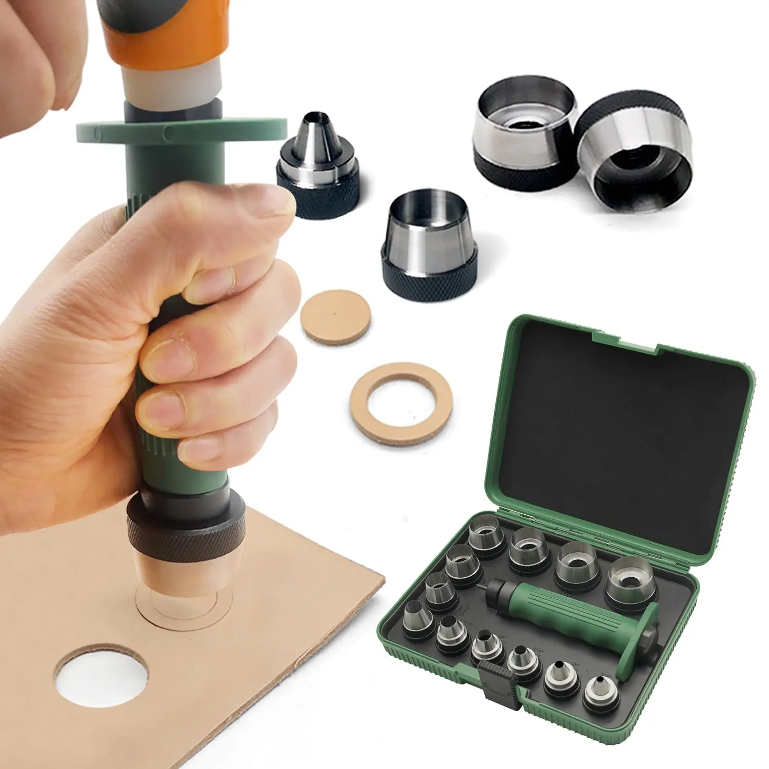 12 in 1 Gasket Punch Set with  Leather Hole Punches, Hollow Punch Set for Leather, 3/16'' to 1-1/4'' Hole Punch Kit with Handle