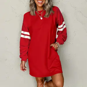 MULLVEIG Women's Varsity Dress Contrast Band Sleeve Gameday Outfit Shift Sweatshirt Dress Winter Football Season Chic Stripe Womenswear