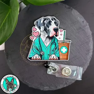 Great Dane In Scrubs Retractable ID Badge Reel, Healthcare ID Badge Holder Clip, Heavy Duty Reel, Lanyard, Carabiner, MRI Safe