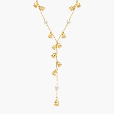 en route 18K Gold Plated Lily of the Valley Pearl Lariat Necklace in Gold, Floral Series Jewelry With Pearl Detail, Versatile Layered Piece For Stacking, Sets & Chic Styling