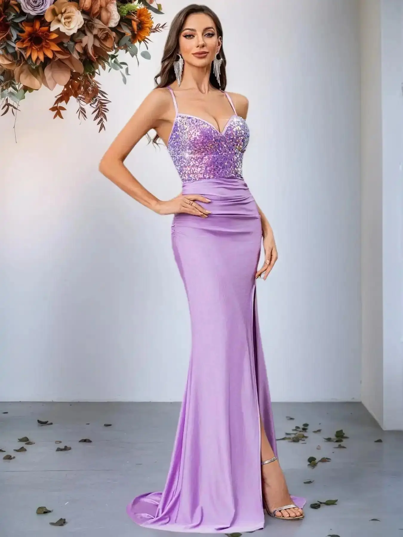 Fashion Womenswear Sequined Split Hem Sleeveless Maxi Evening Dress, Fit, Elegant Party Dress, Elegant Luxury Chic Style, Eye-Catching and Stylish, Perfect for Formal Wear, Modern Classic, Wardrobe Staple