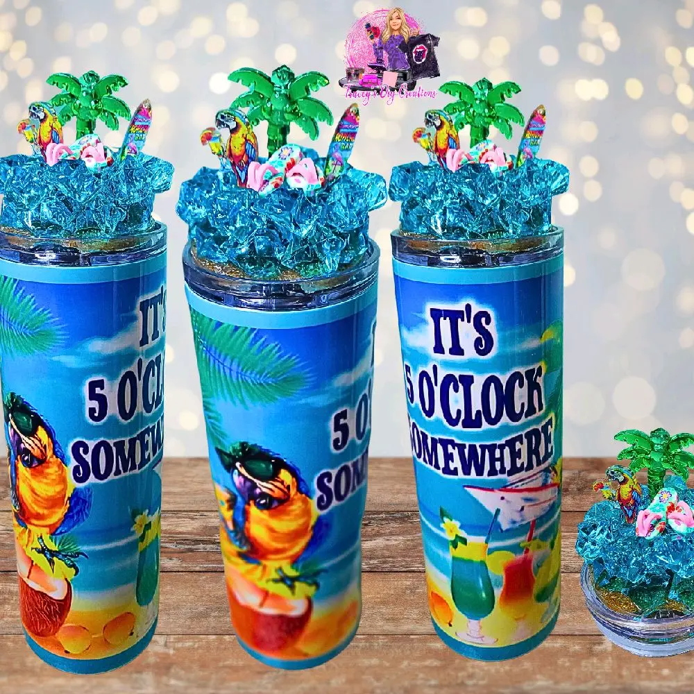 Faux Ice Tumbler 20 Oz Tropical 5 O Clock Somewhere Colored Drinkware with Removable Magnetic Lid - Reusable, Portable Water Bottles - Cup, Bottled, Washable, Mug