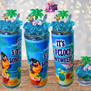Faux Ice Tumbler 20 Oz Tropical 5 O Clock Somewhere Colored Drinkware with Removable Magnetic Lid - Reusable, Portable Water Bottles - Cup, Bottled, Washable, Mug