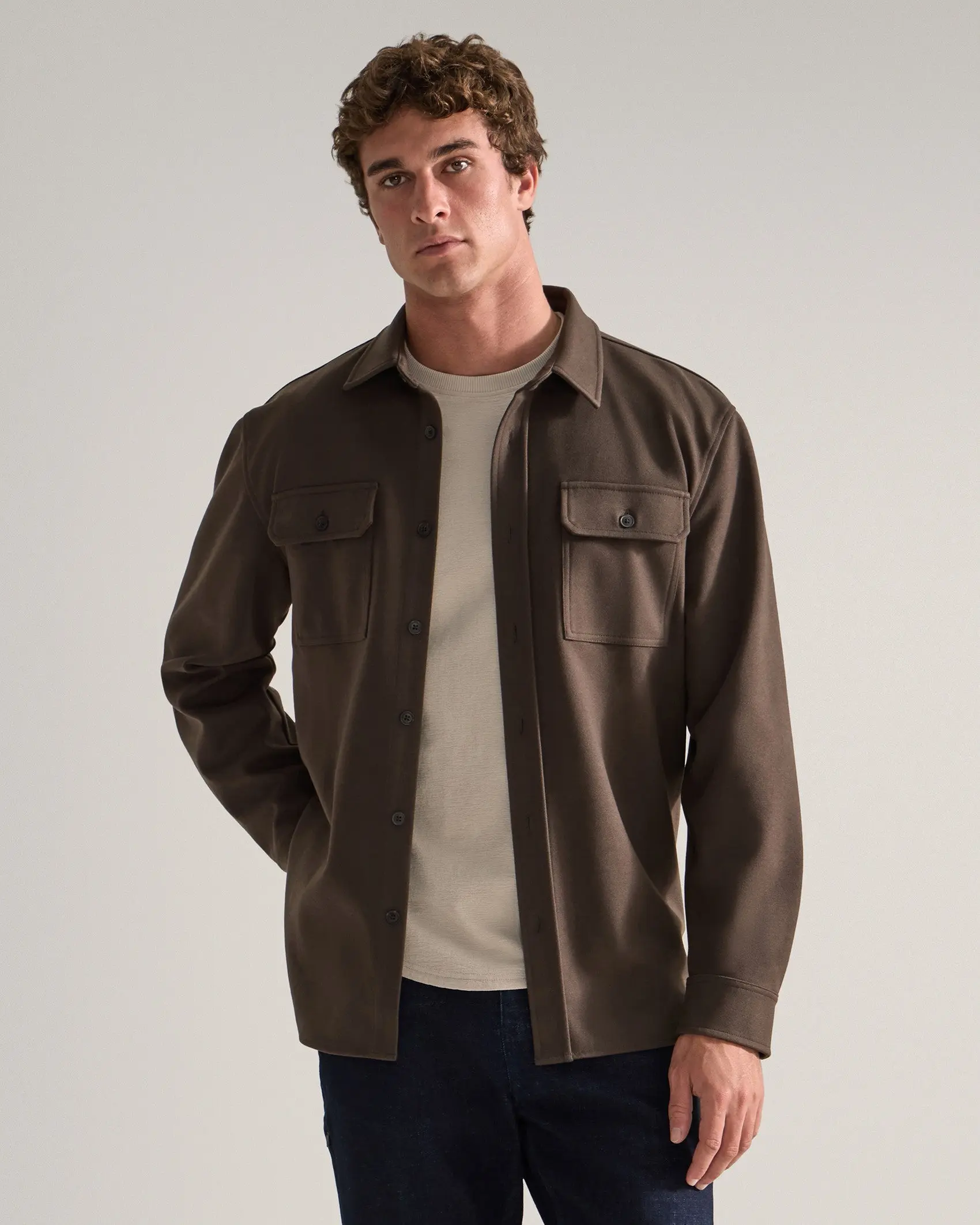 BYLT Coastal Overshirt Fitted Long Sleeve Casual Minimalist Classic Menswear Medium Length Drop-Cut Hem Layering Top