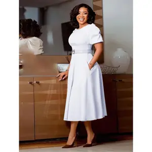 D3320 Plus Size White Crew Neck Puff Sleeve Dress with Metal Logo Belt High Waist Flared Midi Elegant Work A-Line for Summer